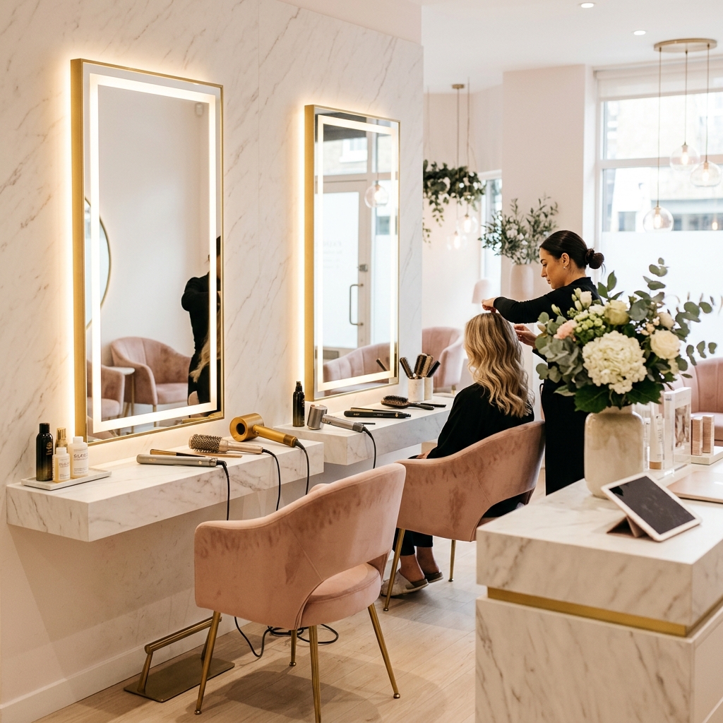 Luxury beauty salon interior with marble surfaces and warm lighting